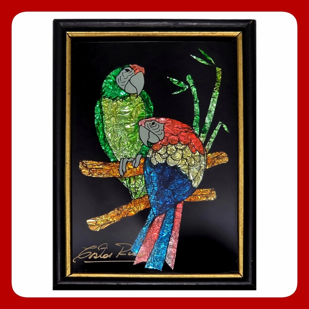 Vintage Signed Reverse Glass Foil Macaw Parrot Art 5x7 Framed Tropical Wall Deco